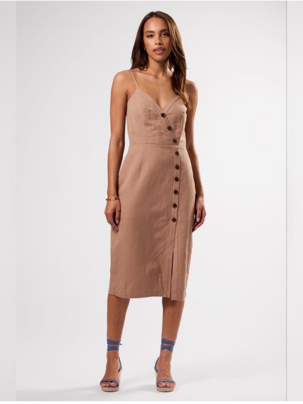 Amour Vert Tan Midi Linen Dress with Button Detail